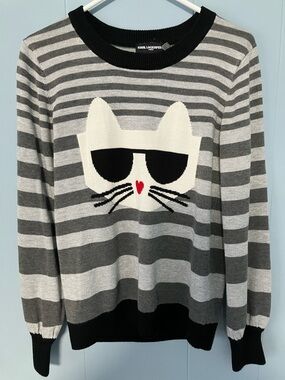 Karl Lagerfeld Paris Choupette Black & Grey Striped Cool Cat Sweater Heart Nose